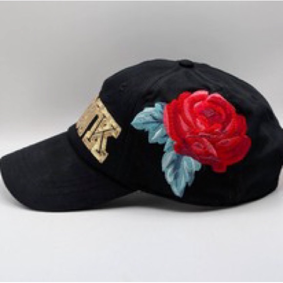 PINK Victoria's Secret Accessories - Black Victoria Secret PINK Cap with Red Rose Embroidery Rare